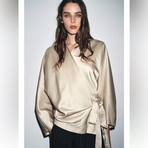 Zara ZW Collection Linen Wrap Blouse Beige - NWT Size Small
